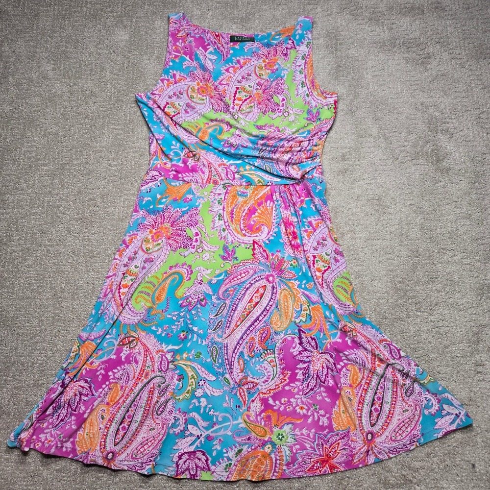 Lauren Ralph Lauren Pink Blue Paisley Faux Wrap Ruched Sleeveless Jersey Dress